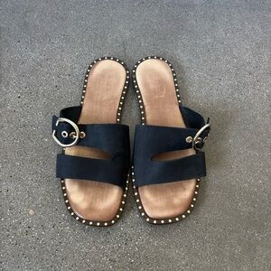 Coach and Four Black Slide Sandals with Gold Accents